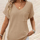 V Neck Short Sleeve Waffle T Shirt Casual Pocket Design Loose Fit Top