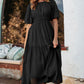 Black Puff Sleeve Pleated High Waist Flowy Long Dress