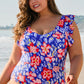 Blue Floral Print Ruffled V Neck High Waist One Piece Swimwear