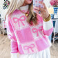Pink Bow Knot Two Tone Checkered Crew Neck Sweater