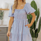 Sky Blue Stripe Bubble Sleeve Square Neck Ruched Pocketed Babydoll Dress