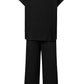 Black Solid Color Textured Short Sleeve Top and Casual Pants Set