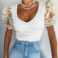 Sheer Mesh Floral Embroidery V Neck Short Sleeve Shirt Sexy See Through Threaded Top