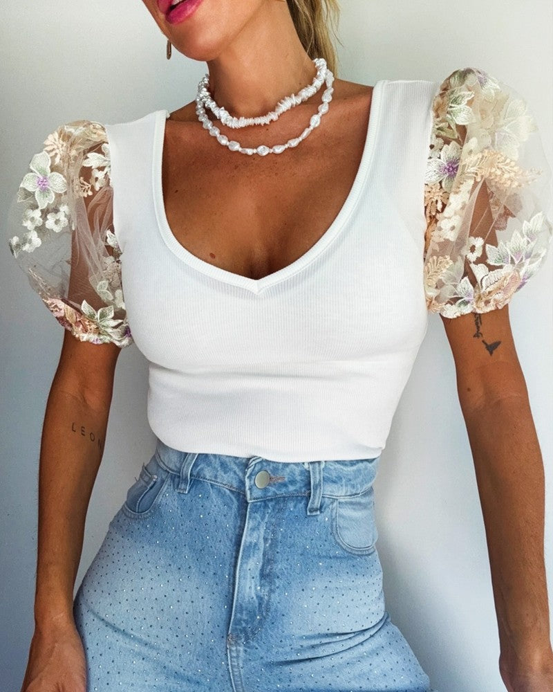 Sheer Mesh Floral Embroidery V Neck Short Sleeve Shirt Sexy See Through Threaded Top