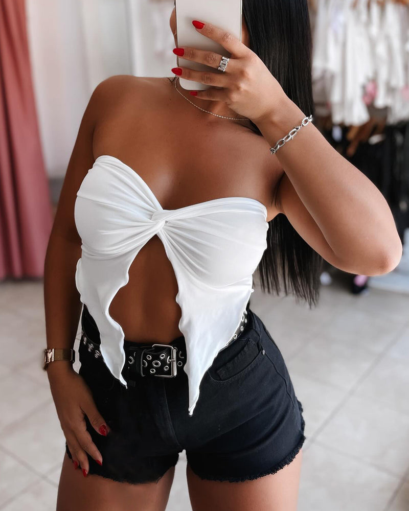 Sexy Bandeau Front Slit Sleevless Tank Casual Button Asymmetrical Hem Top