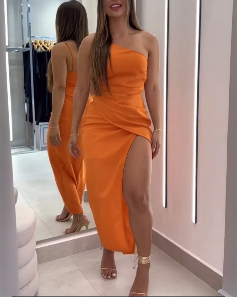 One Shoulder Sleeveless Ruched Dress Casual Side High Slit Maxi Dress