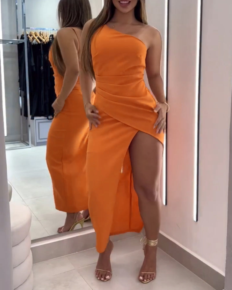 One Shoulder Sleeveless Ruched Dress Casual Side High Slit Maxi Dress