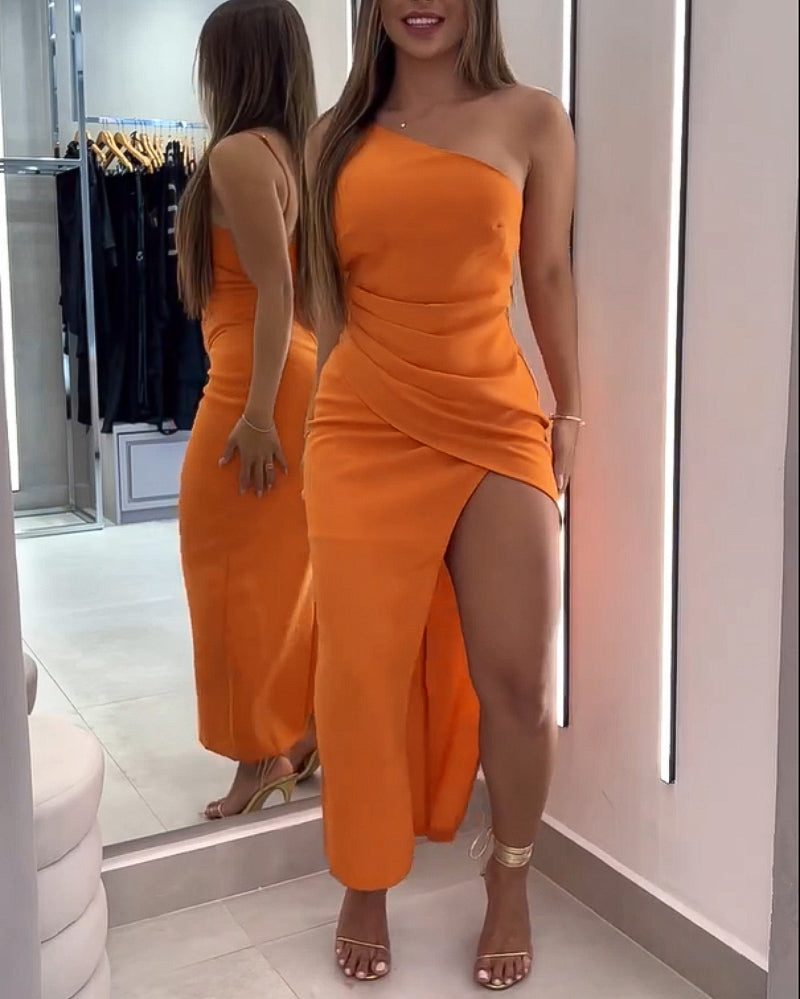 One Shoulder Sleeveless Ruched Dress Casual Side High Slit Maxi Dress