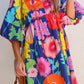 Dark Blue Floral Print Split Neck Babydoll Dress