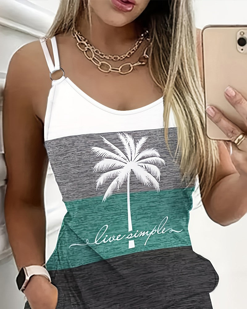 Live Simple Coconut Tree Print Colorblock Casual Dress