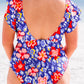 Blue Floral Print Ruffled V Neck High Waist One Piece Swimwear