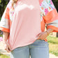 Orange Plus Size Floral Print Patchwork Raglan Half Sleeve Top