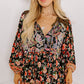 Black Plus Size Paisley Floral Print V Neck Bubble Sleeve Blouse