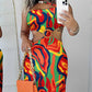 Multi color Abstract Print Hollow Out Maxi Dress