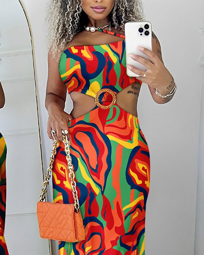 Multi color Abstract Print Hollow Out Maxi Dress