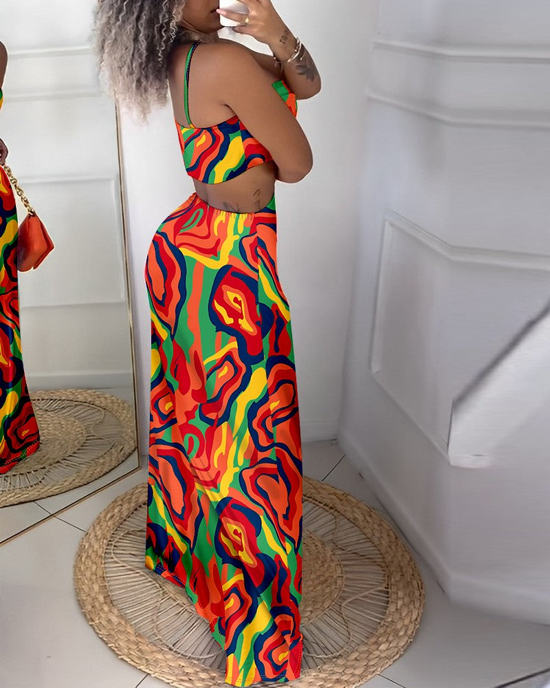 Multi color Abstract Print Hollow Out Maxi Dress