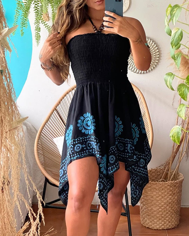 Tribal Print Halter Sleeveless Shirred Mini Dress Casual Bandeau Asymmetrical Vacation Dress