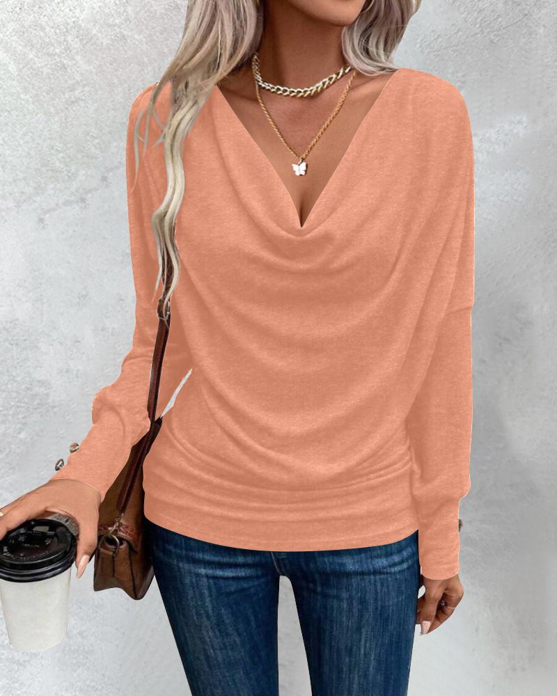 Cowl Neck Batwing Sleeve Ruched T Shirt Casual Slim Fit Top