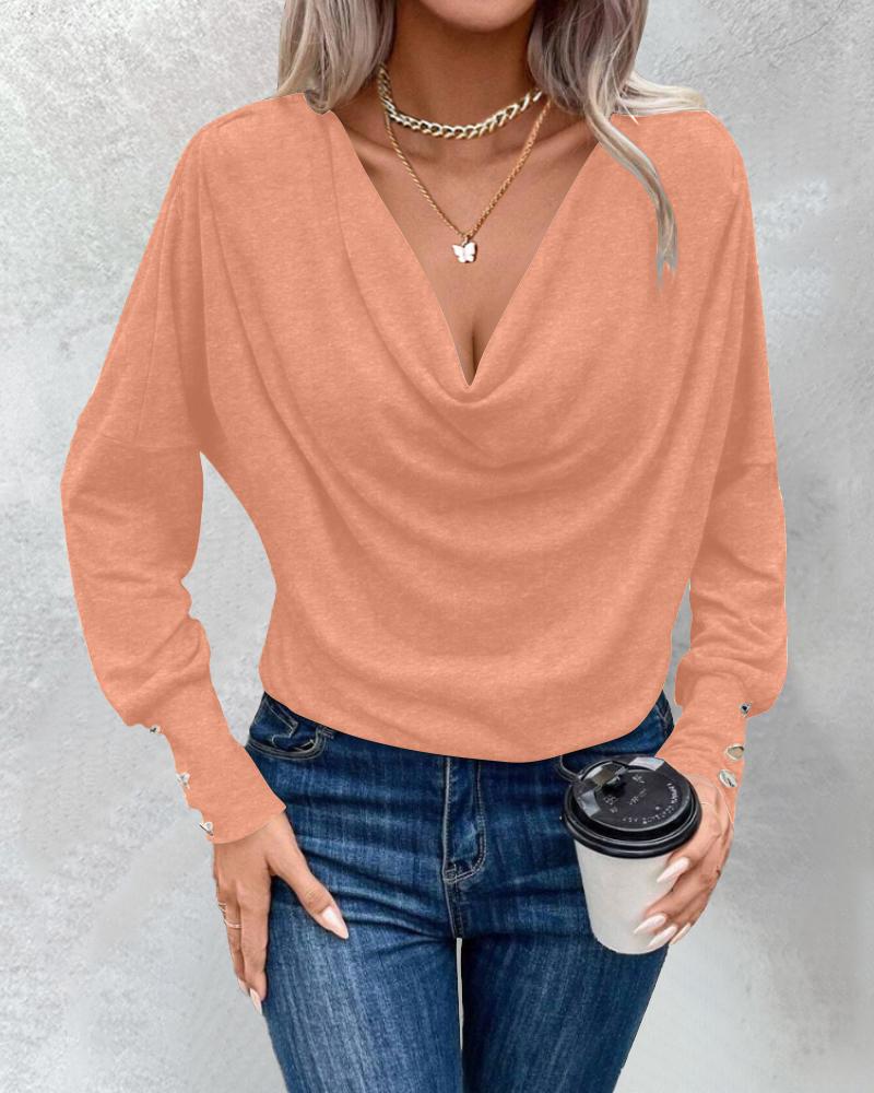 Cowl Neck Batwing Sleeve Ruched T Shirt Casual Slim Fit Top