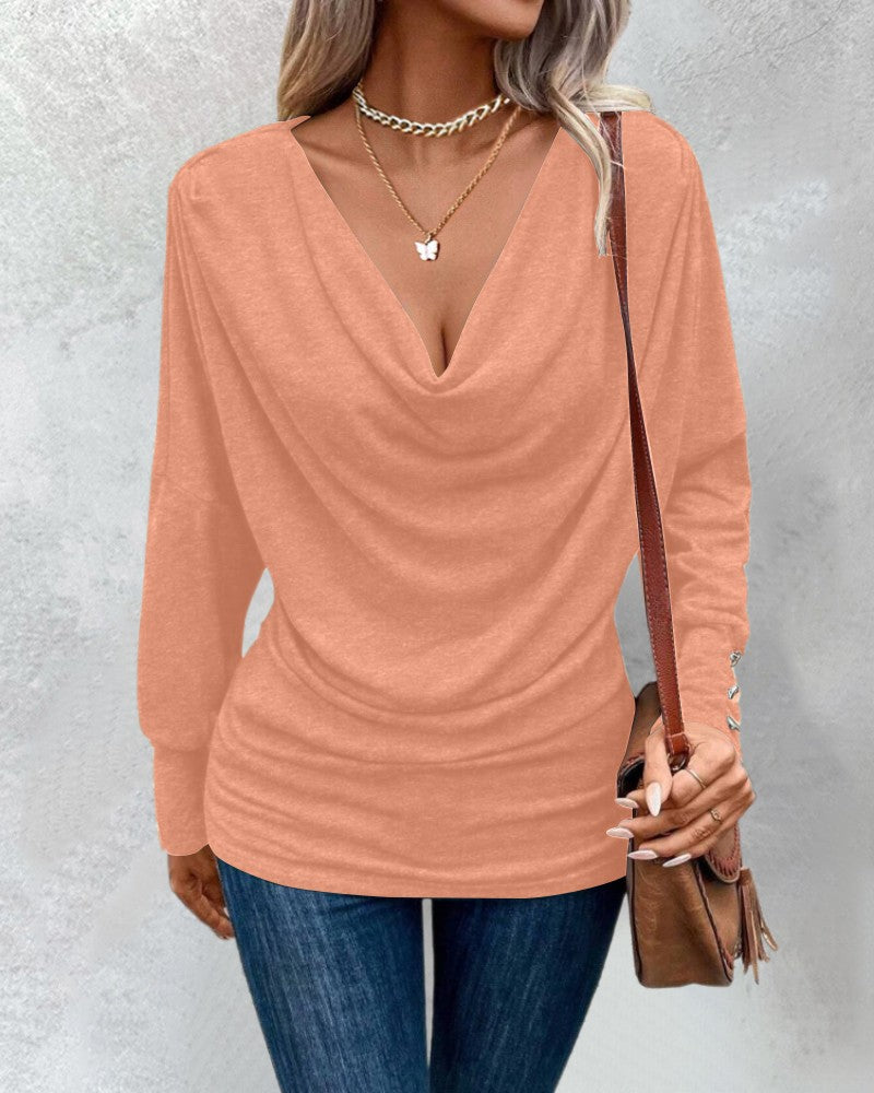 Cowl Neck Batwing Sleeve Ruched T Shirt Casual Slim Fit Top