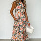 Black Boho Floral Print Knotted Halter Ruffled Maxi Dress
