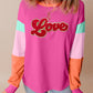Rose Red Chenille Love Patched Colorblock Long Sleeve Crewneck Top