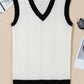 White Contrast Trim Eyelet Knit Colorblock V Neck Sweater Vest