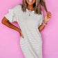 White Stripe Ruffled Short Sleeve Crew Neck T Shirt Shift Mini Dress