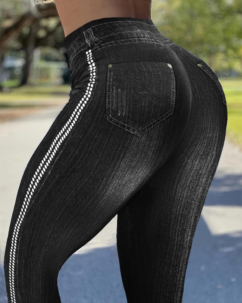 High Waist Fake Jean Leggings Side Polka Dot Yoga Pants Butt Lifting Tights Workout Trousers