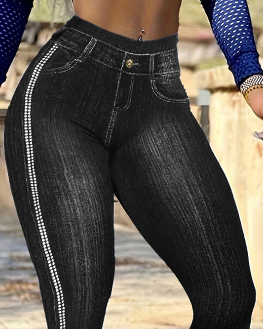 High Waist Fake Jean Leggings Side Polka Dot Yoga Pants Butt Lifting Tights Workout Trousers