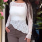 Long Sleeve Cinched Waist Asymmetrical Hem Textured Sheer Lace Top