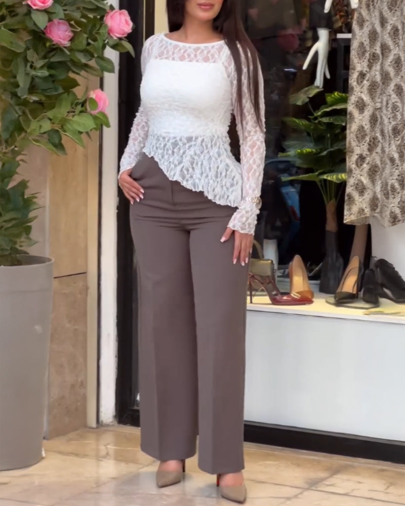 Long Sleeve Cinched Waist Asymmetrical Hem Textured Sheer Lace Top