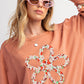 Grapefruit Orange Flower Patch Graphic Exposed Seam Wide Sleeve Top