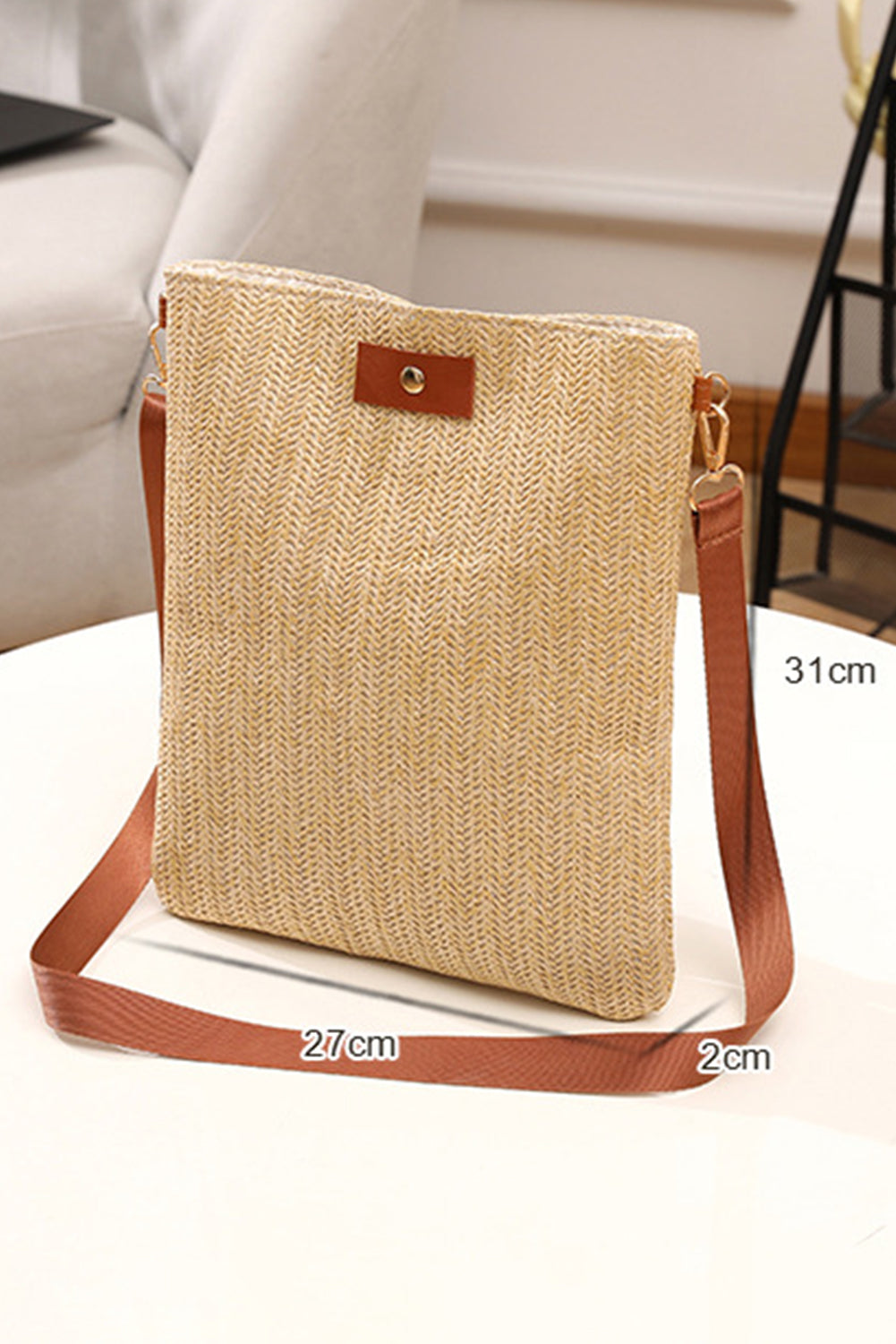 Oatmeal Straw Woven Single Button Crossbody Bag
