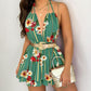 V Neck Halter Tie Back Skirted Hem Romper with Shirred Waistband