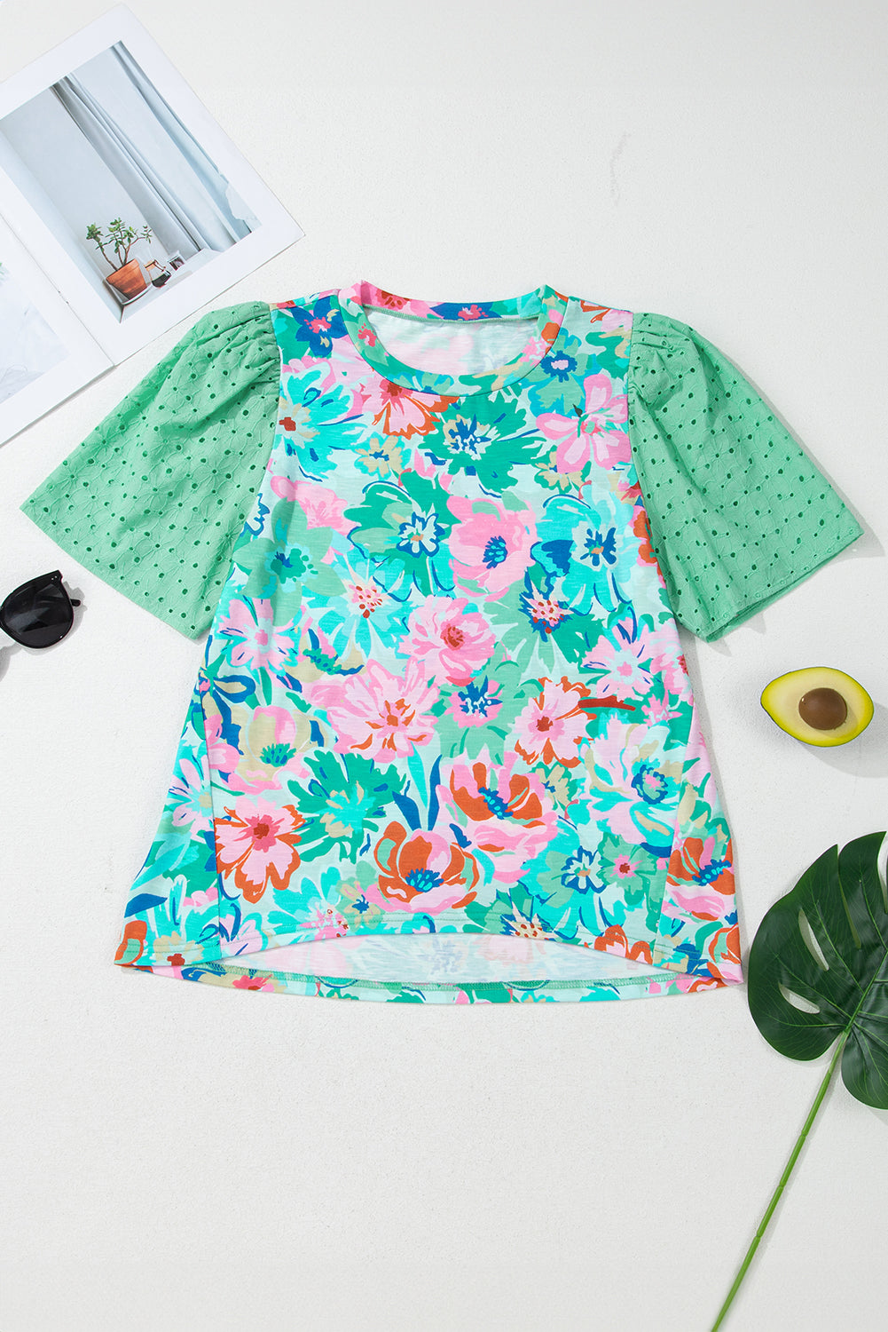 Green Floral Print Eyelet Embroidered Short Sleeve Crew Neck Top