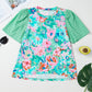 Green Floral Print Eyelet Embroidered Short Sleeve Crew Neck Top