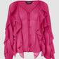 V Neck Shoulder Asymmetrical Ruffles Blouse Casual Button Front Long Sleeve Top