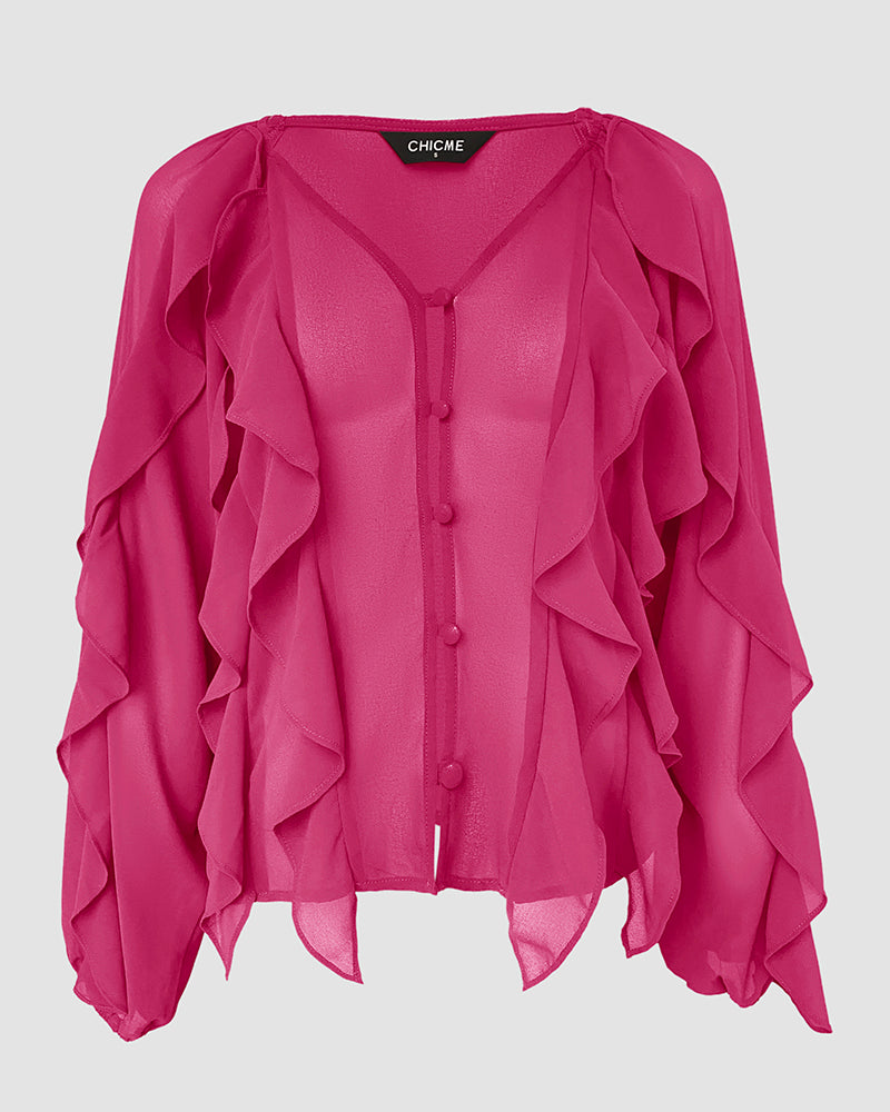 V Neck Shoulder Asymmetrical Ruffles Blouse Casual Button Front Long Sleeve Top