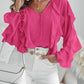V Neck Shoulder Asymmetrical Ruffles Blouse Casual Button Front Long Sleeve Top