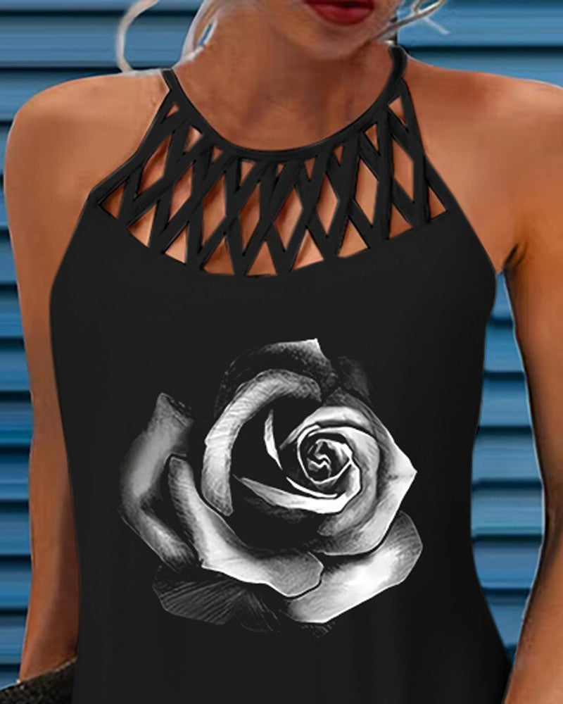 Rose Print Hollow Out Casual Dress