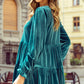 Sea Green Velvet V Neck Peplum Hem Puff Sleeve Blouse