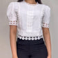 Contrast Lace Round Neck Puff Sleeve Blouse Casual Slim Fit Top
