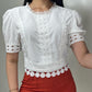 Contrast Lace Round Neck Puff Sleeve Blouse Casual Slim Fit Top