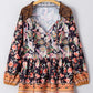 Black Plus Size Paisley Floral Print V Neck Bubble Sleeve Blouse