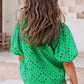 Green Flower Embroidered Hollow-out Puff Sleeve Blouse