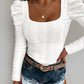 Jacquard Square Neck Puff Sleeve Hollow out T Shirt Long Sleeve Slim Fit Top