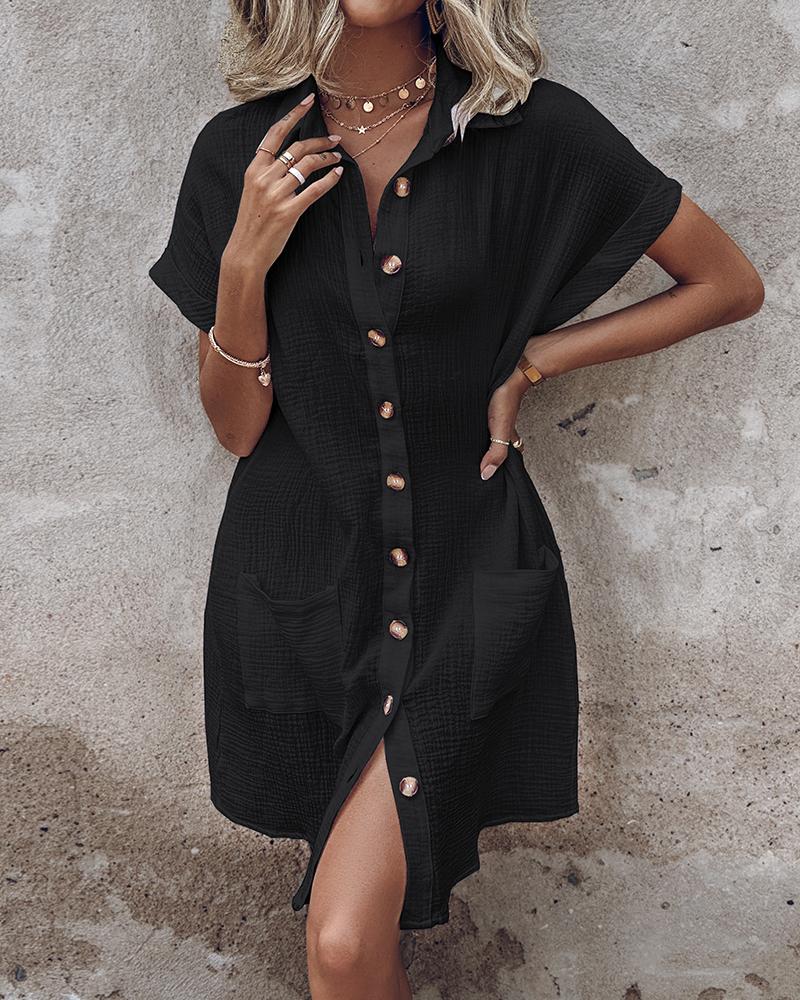 Turn down Collar Short Sleeve Dress Casual Button Dress with Pocket