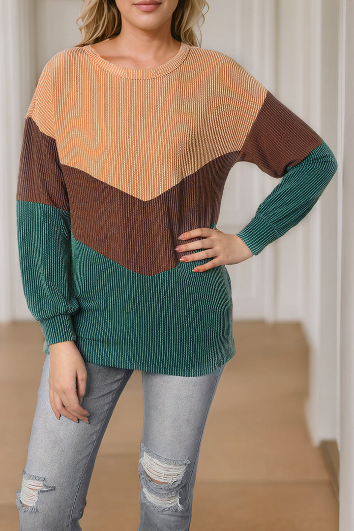 Blackish Green Color Block Corded Texture Long Sleeve Top