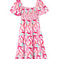Pink Brush Stroke Printed Smocked Ruffle Tiered Dress
